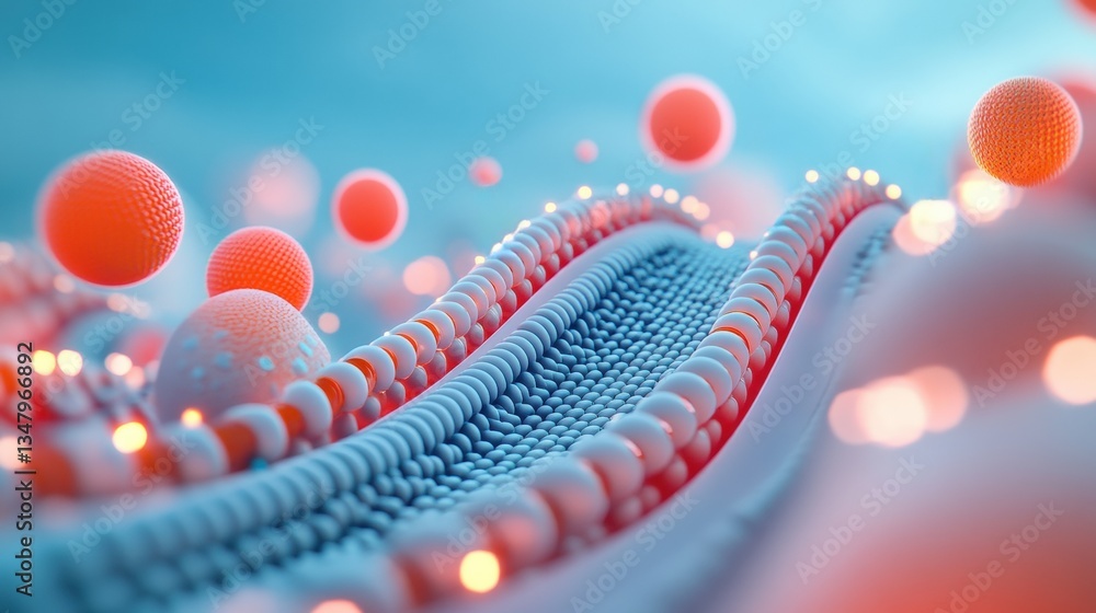 Aufkleber abstract 3d rende of a biomolecular structure with glowing orange spheres interacting beautifully wi