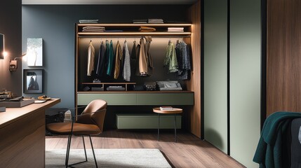 A modern dressing area featuring the Blox wardrobe set with an integrated dressing table and LED lights