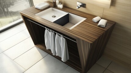 A multi-use furniture piece featuring a pull-out clothesline inside a table