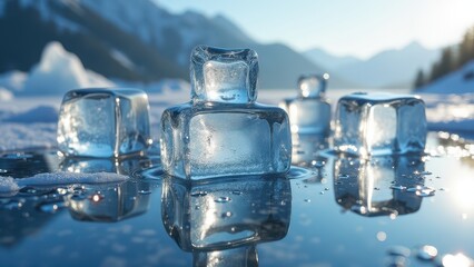 Fresh ice cubes melting on reflective icy surface in snowy mountains	