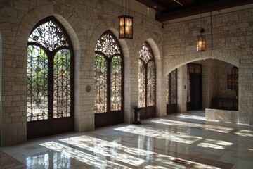 Elegant stone architecture with intricate windows and soft lighting