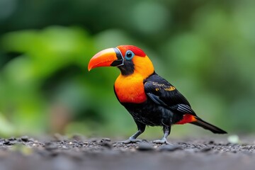 Fototapeta premium Colorful toucan in natural habitat. A vibrant toucan, showcasing bright orange and red plumage, stands on the forest floor. 