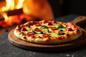 Oven-baked pizza with melted cheese and toppings on a wooden board amidst a fiery oven blaze, wood, meal, oven baked pizza