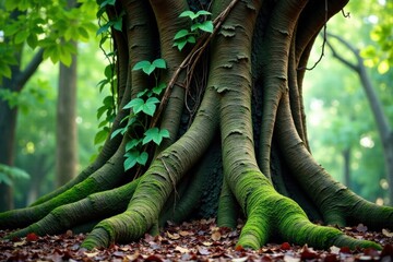Overgrown, ancient tree trunk with gnarled roots and vines, forest, foliage, wood
