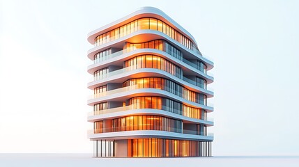 White background, tall modern residential building with numerous windows, warm orange light glowing inside the windows from the lights in every room