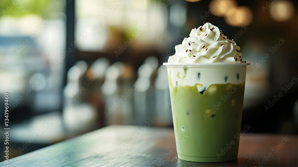 Poster refreshing iced matcha latte with creamy whipped topping, positioned right with a blurred background