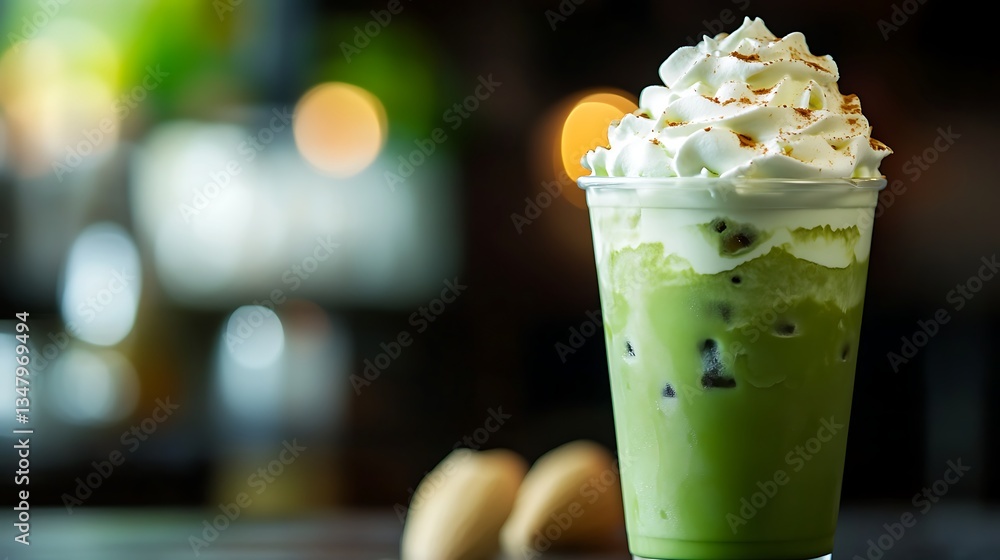 Poster refreshing iced matcha latte with creamy whipped topping, positioned right with a blurred background