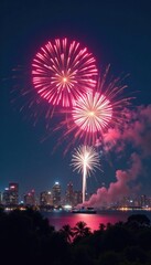 Fototapeta premium New Year fireworks exploding in night sky over cityscape , explosive, fireworks