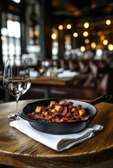 Fototapeta premium Delicious crispy bacon and golden potatoes served in a cast iron skillet with a glass of white wine in a warm and inviting restaurant setting