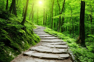 Stone path in sunlit forest leads to light