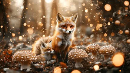 Enchanted Forest: Mother Fox and Kit in a Magical Autumn Setting