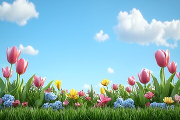 Colorful flowers against a bright sky with fluffy clouds.