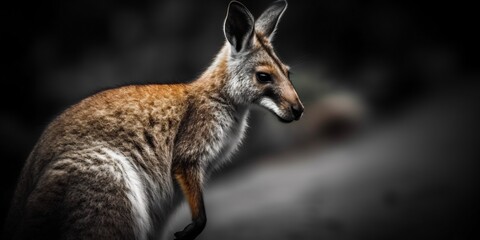 Fototapeta premium Agile Wallaby standing alert near winding dirt road cautiously eyeing approaching vehicle distance contrast between wildlife human infrastructure captured dramatic tone composition emphasizes delicate