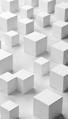 Randomly arranged white cube box blocks filling the entire screen with a clean and minimalistic background, interior design inspiration, cube boxes, home office decor