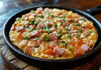 Delicious fresh vegetable and ham omelette served in cast iron skillet on rustic wooden table vibrant colors with herbs and seasoning