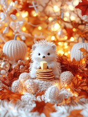 Obraz premium A cute hedgehog figurine sits among autumn leaves and decorative pumpkins, holding a buttered pancake, illuminated by warm fairy lights.
