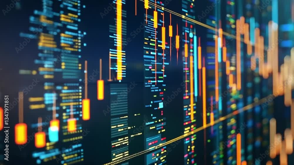 Poster digital data visualization colorful graphs and financial analysis of stock market trends with dynami