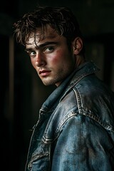 Fototapeta premium A handsome young man wearing a denim jacket looking back