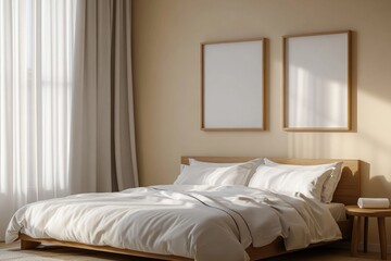 Modern bedroom interior with bed frames and blank picture frames displayed