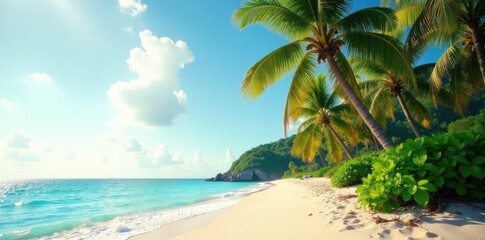 Fototapeta premium Palm trees sway gently in the tropical breeze, against a warm sandy ocean beach backdrop, palm trees, ocean