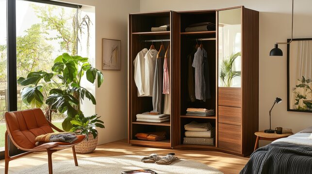 A stylish bedroom corner featuring the  cm corner cabinet of the Blox vintage-style wardrobe set