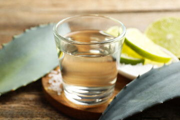 Tequila shot with lime slices and agave leaves on wooden table, closeup