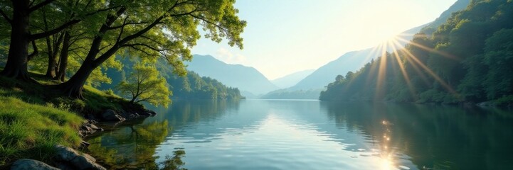 Panorama of a serene lake with sunlight filtering through trees and casting dappled shadows on the water, forest landscape, scenic vistas, serene lakes