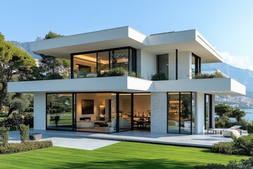 Modern two-story villa with white walls, large windows, elegant sandstone exterior, green lawns, shrubs, and trees, under a blue sky in a peaceful natural setting.