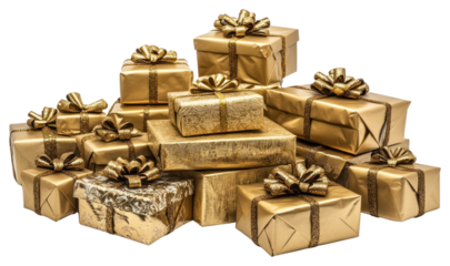 PNG Pile of elegant gold gift boxes gifts celebration decoration.