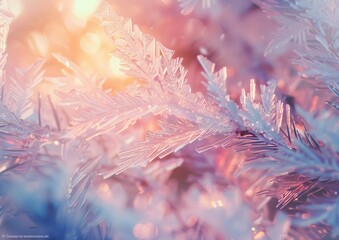 Close-up of frosty ice crystals glowing in warm sunlight.