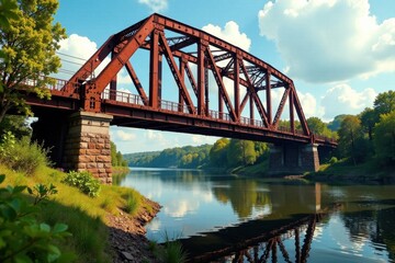 Obraz premium Rusty metal bridge over a murky river, water, rust, metal