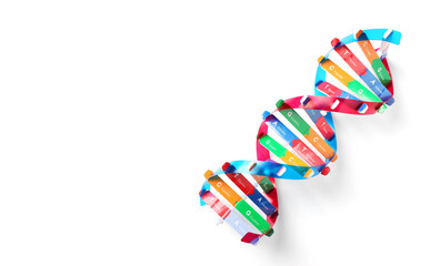 Colorful DNA structure model on white background, top view. Space for text