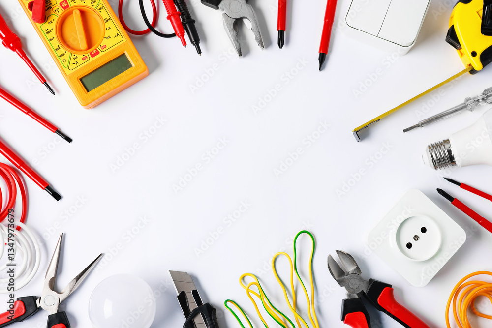 Poster frame of different electrical tools on light background, flat lay. space for text