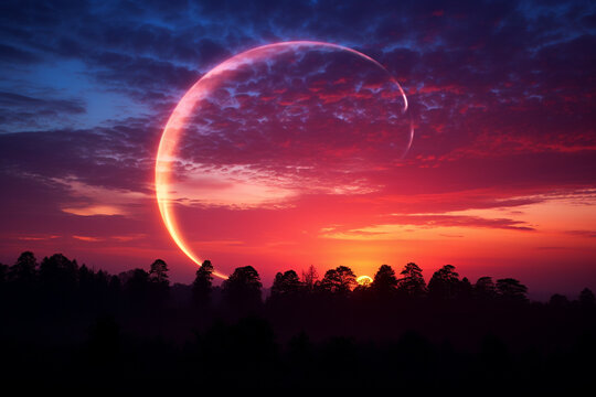 Behold, a celestial spectacle unfolds as crescent moon, poised gracefully above earthly realm, embraces waning hues of setting sun, merging in perfect harmony to create a breathtaking tableau