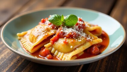 Ravioli on plate with tomato sauce and parmesan cheese , cheese, ravioli