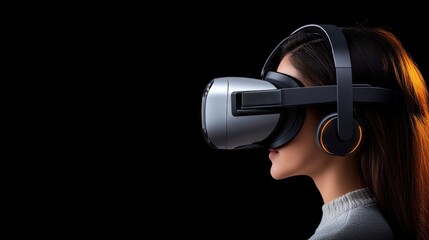 Naklejka premium Close-up profile view of a woman with a sleek silver dark gray virtual reality headset and headphones isolated against a dramatic black background