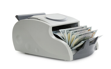 Money counter machine with dollar banknotes isolated on white
