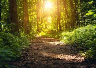 Obraz premium Sunlit forest path with lush greenery and soft shadows.