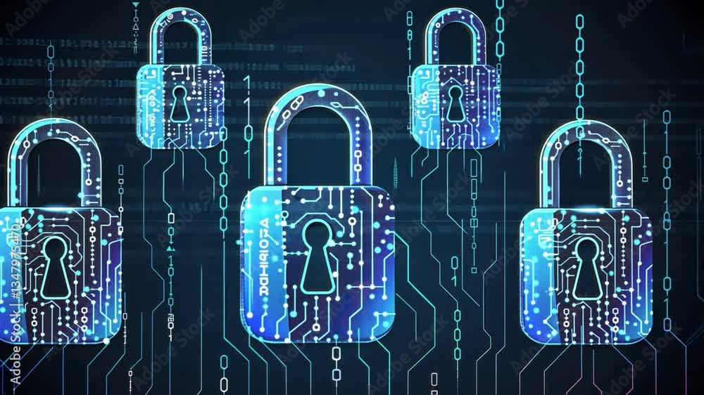 Poster digital locks symbol of cybersecurity and data protection with circuit patterns and binary code for 