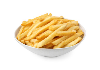 Delicious French fries in bowl isolated on white