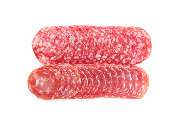 Slices of tasty smoked sausage on white background, top view