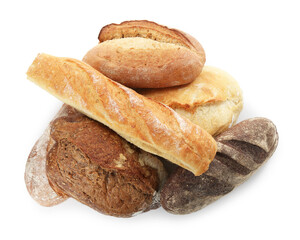 Different loaves of freshly baked bread isolated on white, top view