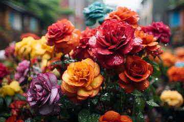 symphony of an urban garden, as raindrops cascade from heavens, weaving a harmonious thread that binds kaleidoscope of city life into a breathtaking masterpiece