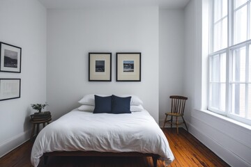 An interior image of a simple bedroom with minimalist features