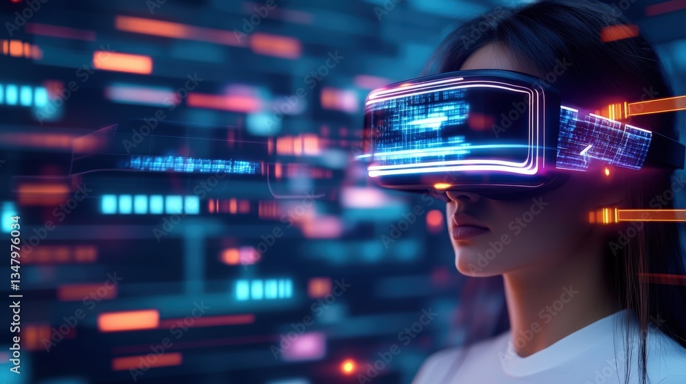 Poster a woman immersed in virtual reality wea a futuristic headset surrounded by vibrant neon data streams