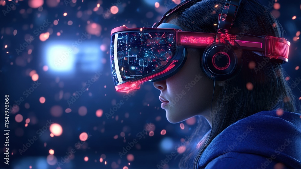 Poster young woman with futuristic vr headset immersed in glowing particles and bokeh lights explo the wond