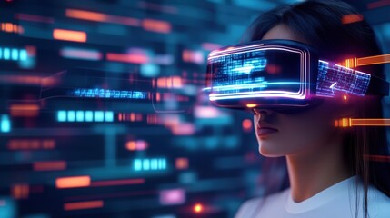 A woman immersed in virtual reality wea a futuristic headset surrounded by vibrant neon data streams and glowing digital code in a dark environment
