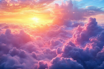 Fototapeta premium Sunset over dramatic clouds, casting a warm golden hue across the sky, with silhouettes of distant mountains on the horizon.