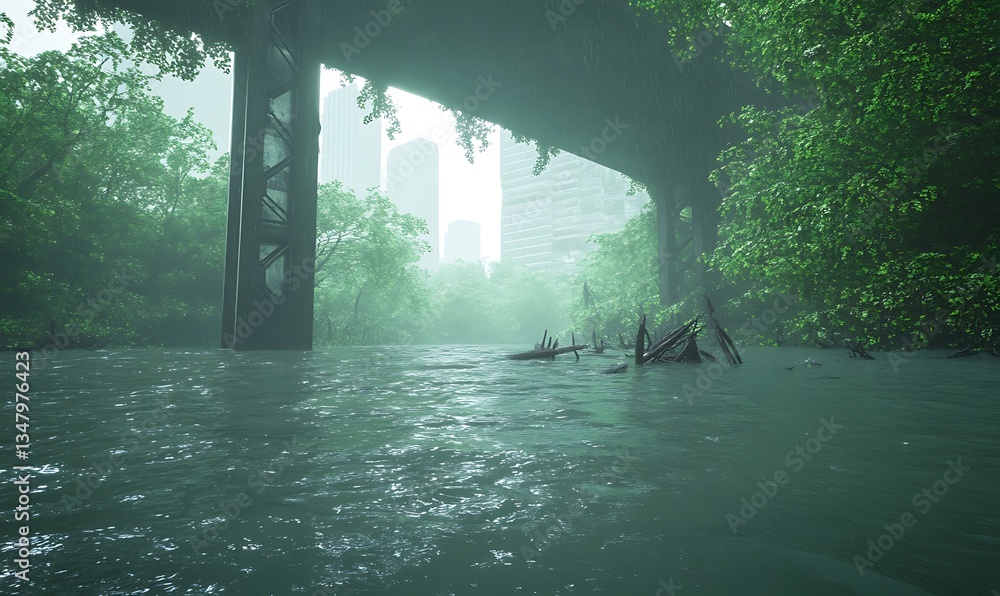 Aufkleber a misty, green landscape featuring a river under a bridge, with urban buildings partially visible in