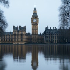 Fototapeta premium London, Big Ben reflection, winter, calm lake, Parliament